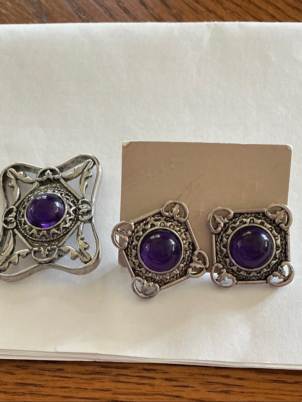 Vintage Avon Silver-Tone Earrings pierced with Purple Cabochons /matching brooch
